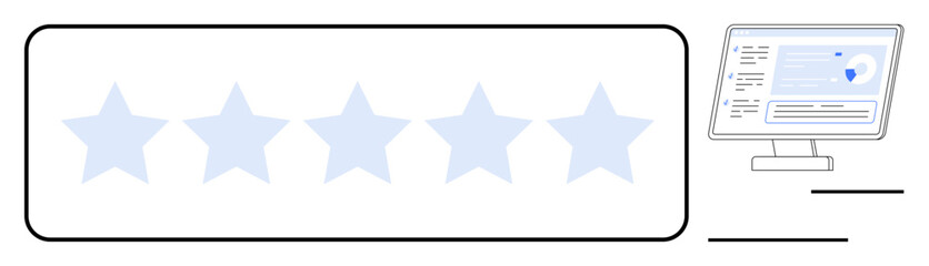 Obraz premium Customer feedback, online reviews, user ratings, product evaluation, satisfaction analysis, quality tracking. Five faded stars next to a monitor with a dashboard. Customer feedback and online reviews