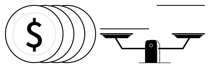 Economic stability, monetary value, financial equality, wealth management, cost analysis, budgeting. Stack of coins with dollar symbol next to a balance scale. Economic stability and monetary value