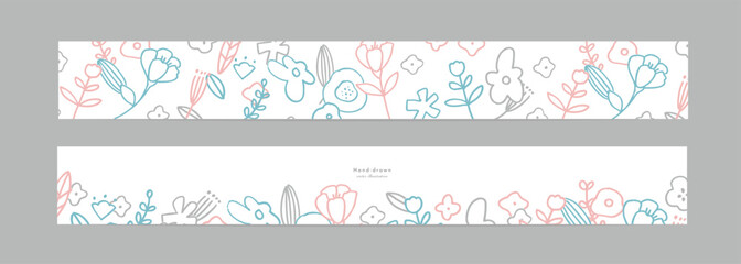 手描きの草木のバナー背景。北欧風の草木と花のシンプルテンプレート背景。Hand-drawn plant banner background. Scandinavian style plant and flower simple template background.
