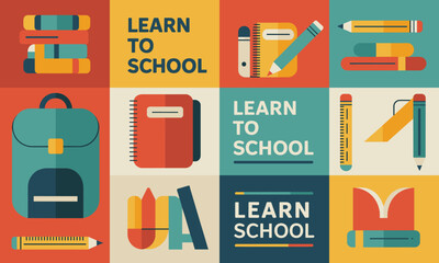 Conceptual Vector Mosaic Displaying Education Icons, School Supplies, and Stationery for Learning and Academic Achievement.