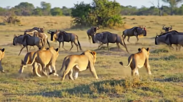 Lions hunting wildebeest in a wildlife scene, lions in pursuit in nature.