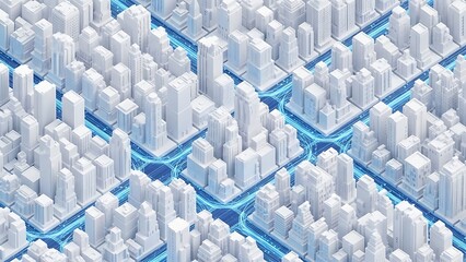Abstract architectural cityscape rendered in isometric perspective with futuristic blue light pathways flowing through dense urban blocks
