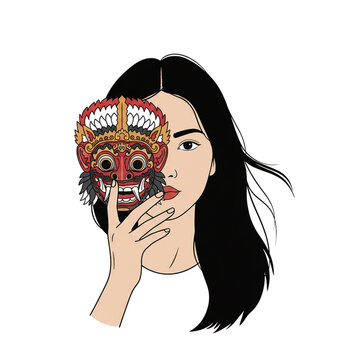 A long-haired woman holding a mask with a typical Balinese design, isolated on a white background.