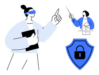 Professionals collaborating on privacy strategy with a document, shield lock icon symbolizing security. Ideal for technology, cybersecurity, teamwork, innovation, data protection, education, simple