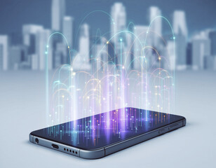 Smartphone displaying futuristic digital interface with cityscape background
