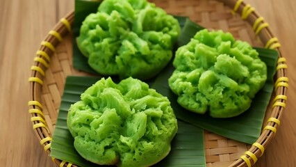 Traditional Indonesian Pandan Carabikang Cake on Banana Leaf