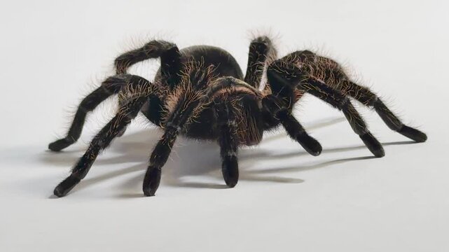 Hairy Tarantula Walking Across Clean White Studio Surface