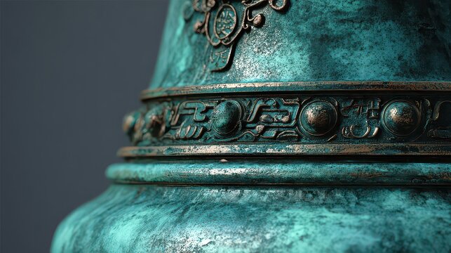 Verdigris Patina on Bronze Metal Detail with Decorative Relief and Ornamental Band Against Dark Background in Studio Lighting