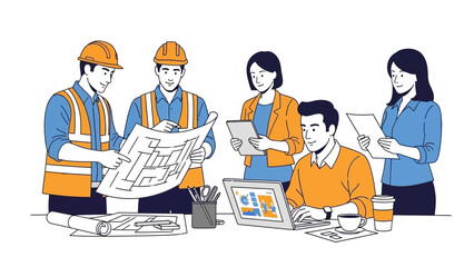 Team of construction professionals collaborating on project plans