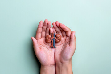 Human hands holding kidney models. Kidney health, organ care, medical awareness, world kidney day concept. Copy space for text.
