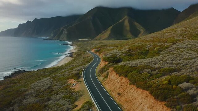 An awe-inspiring aerial view of a winding road cutting through mountains or a coastal landsc.