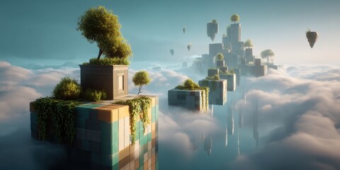 Floating voxel islands with pastel blocks dreamlike landscape surreal art cloudy environment wide angle view fantasy concept