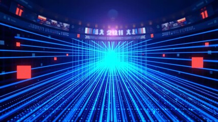 Motion graphic of Blue data matrix simulation digital line and grid technology with futuristic HUD screen on ai abstract background concept - Powered by Adobe