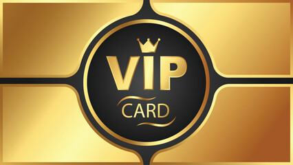 A luxurious golden VIP card design with a black central emblem featuring a gold crown and "VIP CARD" text, symbolizing exclusivity and premium membership.