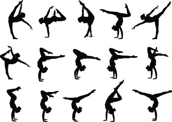 a collection of silhouettes depicting various gymnastic poses and athletic movements showcasing flexibility and strength in action high quality professional detailed