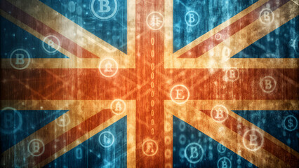 Grunge united kingdom flag with digital cryptocurrency symbols overlay, concept of british fintech and blockchain technology