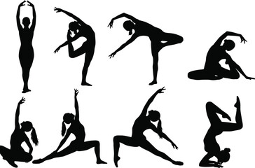 a collection of silhouettes depicts various yoga poses showcasing flexibility balance and mindfulness through human figures in motion high quality professional