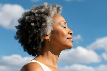 Afro senior woman breathing calmly outdoors