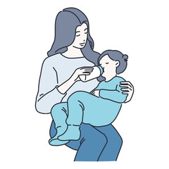 woman feeding a baby with a bottle line illustration