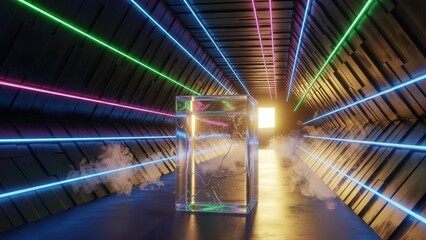 Glass cube with neon lights and smoke in futuristic tunnel