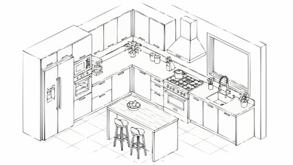 Modern Kitchen Design with Island and Appliances Sketch. © Crypto Mining