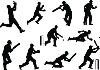 a collection of silhouetted figures depicting various dynamic cricket actions including batting bowling fielding and wicket keeping high quality professional detailed