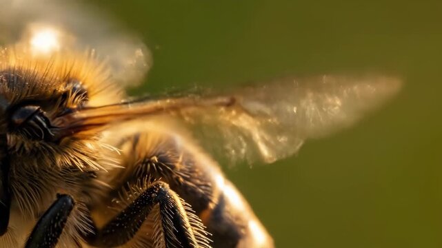 Close-up macro view of a honeybee in flight, against green bokeh background. For entomology
