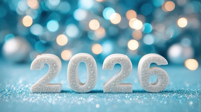 New Year Christmas background with numbers 2026 on pastel blue background with bokeh lights, rhinestones, and glitter, bright shiny background for greeting card. Happy New Year - Powered by Adobe