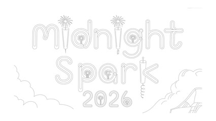 Midnight Spark 2026 : A minimalist illustration of the words Midnight Spark 2026 with abstract design of fireworks, and clouds in a clean, graphic style, capturing the excitement of a new year. 