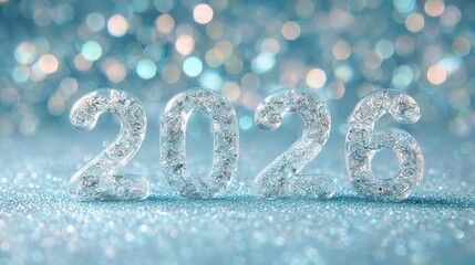 New Year Christmas background with numbers 2026 on pastel blue background with bokeh lights, rhinestones, and glitter, bright shiny background for greeting card. Happy New Year