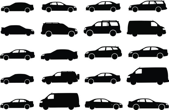 A collection of various vehicle silhouettes is displayed showcasing different car types and body styles in monochrome high quality professional detailed