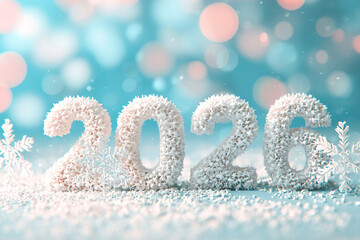 New Year Christmas background with numbers 2026 on pastel blue background with bokeh lights, rhinestones, and glitter, bright shiny background for greeting card. Happy New Year