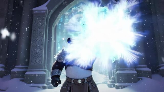 An armored panda warrior stands in a snowy temple holding a large ice shield with a glowing blue snowflake symbol