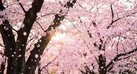 Pink Cherry Blossom Trees Looking Up with Falling Petals and Sunflare