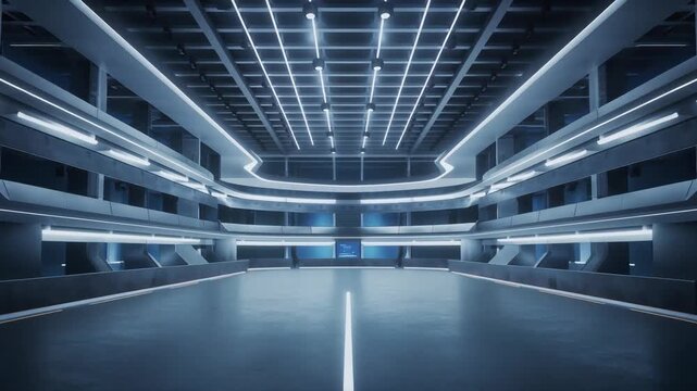 Futuristic empty modern interior with bright ceiling lights.