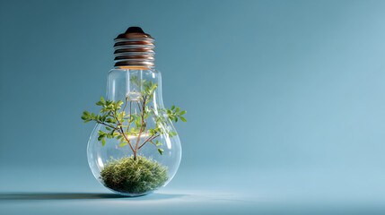 Green energy concept featuring a small growing tree inside a clear incandescent light bulb against a blue background