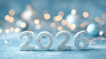 New Year Christmas background with numbers 2026 on pastel blue background with bokeh lights, rhinestones, and glitter, bright shiny background for greeting card. Happy New Year