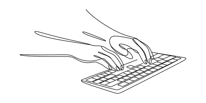 Hands typing on a computer keyboard in a minimalist line art style Vector, illustration