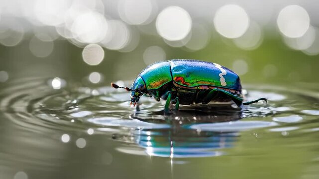 Jewel Beetle at water's edge, sparkling bokeh background, for insect beauty
