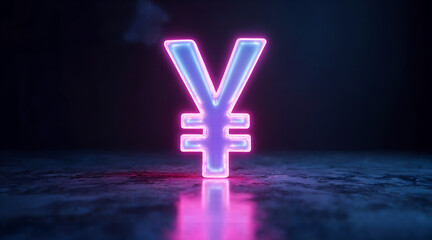 Glowing neon yen symbol in dark, moody, futuristic environment with reflections