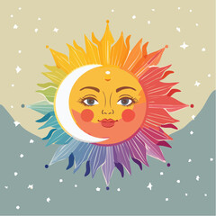 Colorful sun and moon face illustration with rainbow rays and starry background.