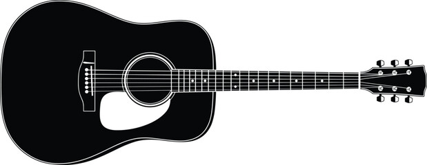 Acoustic guitar silhouette vector illustration, detailed black and white string instrument design for music concepts, posters, logos, and creative backgrounds