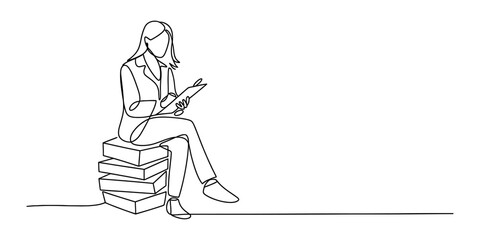Continuous line drawing of a businesswoman sitting on a stack of books with a clipboard Vector, illustration