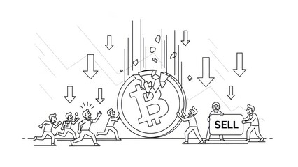 Digital currency market turmoil showing Bitcoin value plummeting and investors in a panic selling