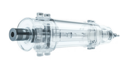 Transparent industrial heat exchanger component showing internal structure with metallic threaded connection