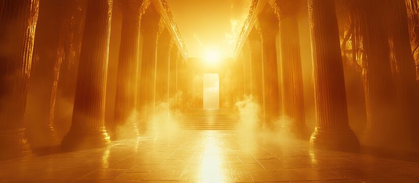 Golden temple columns, sunrise, misty path, spiritual