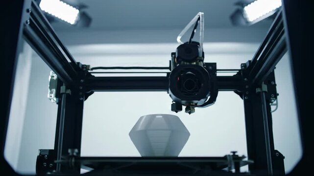 3D printer creating white object, advanced technology, manufacturing process, additive manufacturing, innovation and engineering concept.