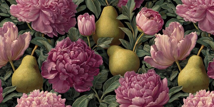 Detailed Floral and Fruit Pattern with Pears and Pink Blossoms on Black Background - Powered by Adobe