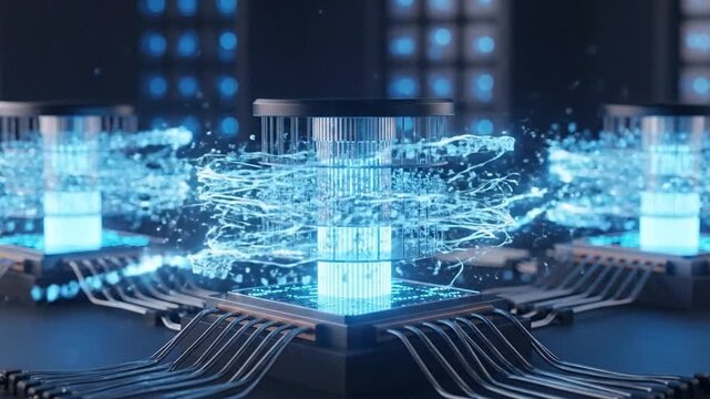 Quantum Computer Lab: Superconducting Chips Glowing with Blue Light and Floating Qubits