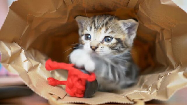 Cute tabby kitten playing with red yarn inside a brown paper bag indoors.